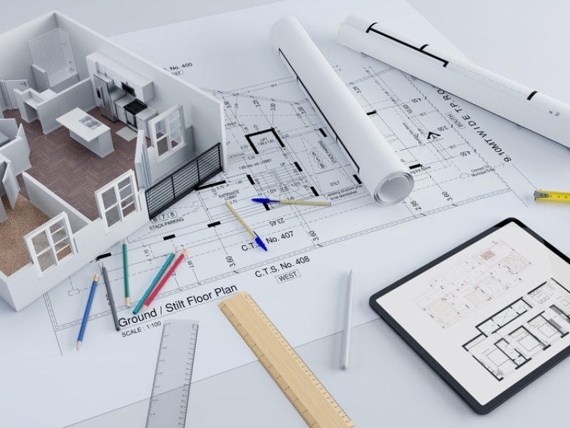 3d,Rendering,Of,A,Apartment,Architectural,Model,With,Blueprints,,Elevation